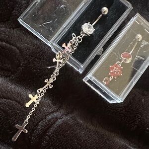 Silver Surgical Steel Cross Dangle and RedRose bellybutton piercings with gems
